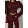 KRUVAZE BEL DETAYLI PALAZZO PANTLON CROP TAKIM- BORDO