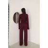 KRUVAZE BEL DETAYLI PALAZZO PANTLON CROP TAKIM- BORDO