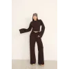 KRUVAZE BEL DETAYLI PALAZZO PANTLON CROP TAKIM- KAHVE RENGİ