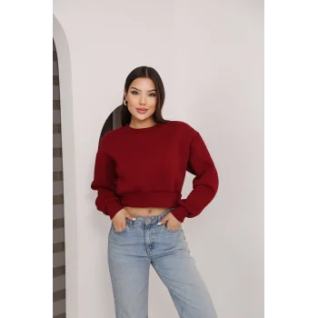 Kadın Üç İplik Şardonlu Oversize Crop Sweatshirt