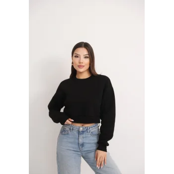 Kadın Üç İplik Şardonlu Oversize Crop Sweatshirt