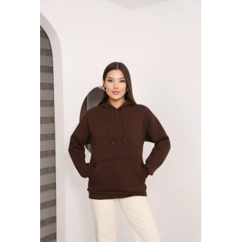 Kapşonlu Kanguru Cep Detaylı Üç İplik Şardonlu Sweatshirt