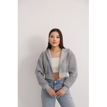 Fermuarlı Kısa Üç İplik Şardonlu Sweatshirt