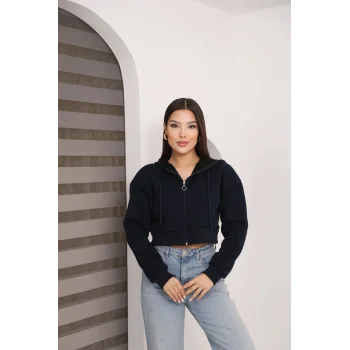 Fermuarlı Kısa Üç İplik Şardonlu Sweatshirt