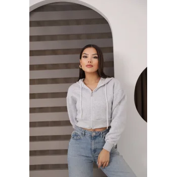 Fermuarlı Kısa Üç İplik Şardonlu Sweatshirt