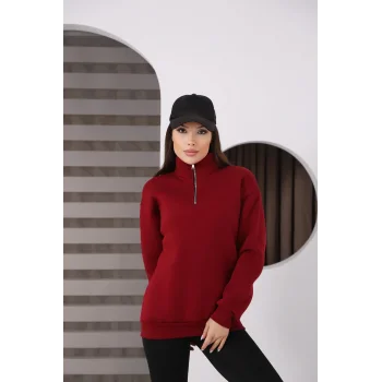 Dik Yakalı Yarım Fermuarlı Üç İplik Şardonlu Sweatshirt