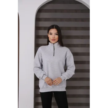 Dik Yakalı Yarım Fermuarlı Üç İplik Şardonlu Sweatshirt
