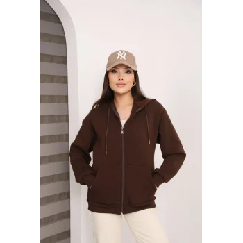 Kapüşonlu Fermuarlı Üç İplik Şardonlu Sweatshirt