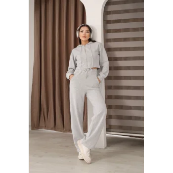 Kadın Kapüşonlu Selanik Kumaş Crop Takım