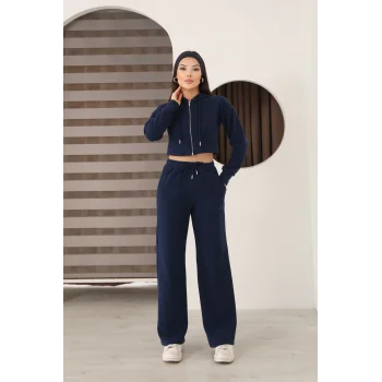 Kadın Kapüşonlu Selanik Kumaş Crop Takım