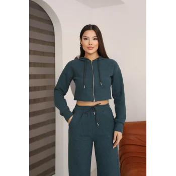 Kadın Kapüşonlu Selanik Kumaş Crop Takım