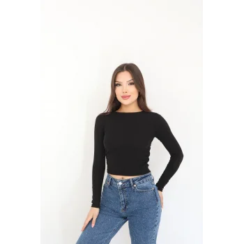 BİSİKLET YAKA UZUN KOLLU BLUZ - SİYAH