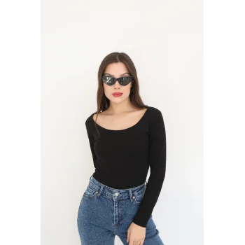 KARE YAKA UZUN KOLLU BLUZ - SİYAH