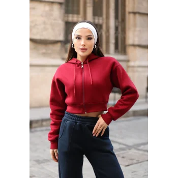 Fermuarlı Kısa Üç İplik Şardonlu Sweatshirt