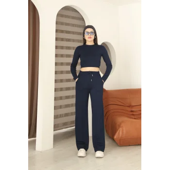 Kadın Üst Crop Altı Çımalı Detaylı Eşofman Takımı