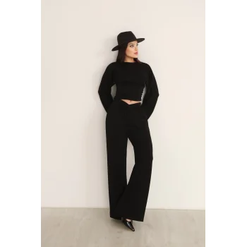 KRUVAZE BEL DETAYLI PALAZZO PANTLON CROP TAKIM- SİYAH