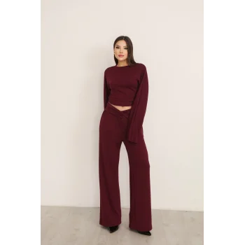 KRUVAZE BEL DETAYLI PALAZZO PANTLON CROP TAKIM- BORDO