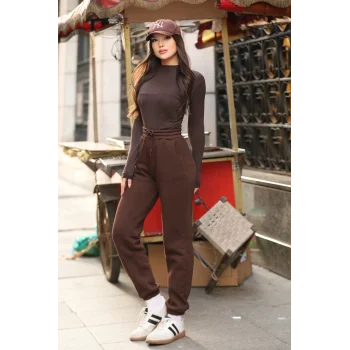 Üç iplik şardonlu paçası lastikli eşofman altı- Kahve