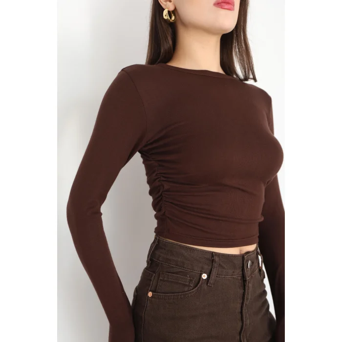 BİSİKLET YAKA UZUN KOLLU BLUZ - KAHVERENGİ