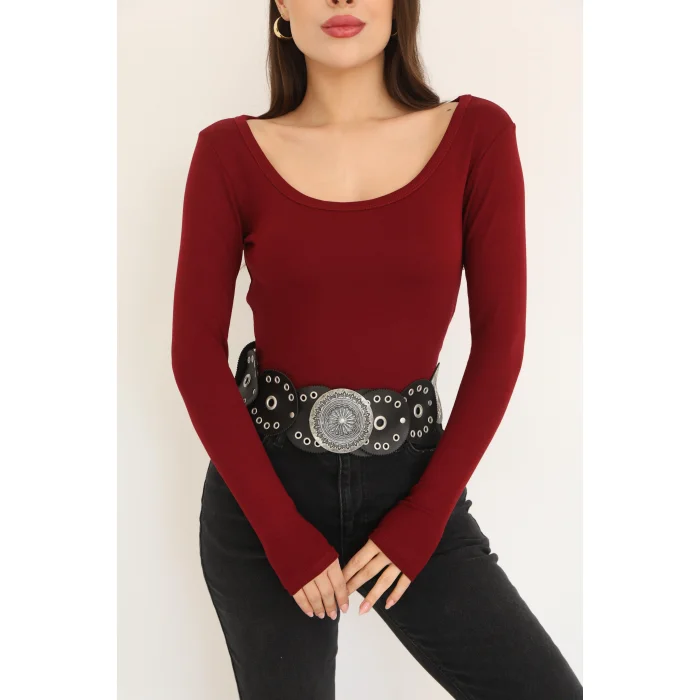 KARE YAKA UZUN KOLLU BLUZ - KIRMIZI