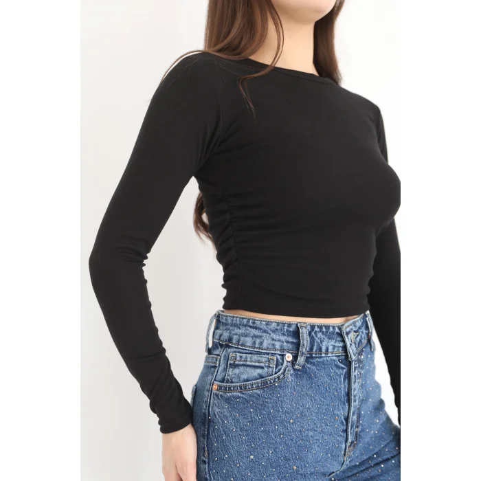 BİSİKLET YAKA UZUN KOLLU BLUZ - SİYAH