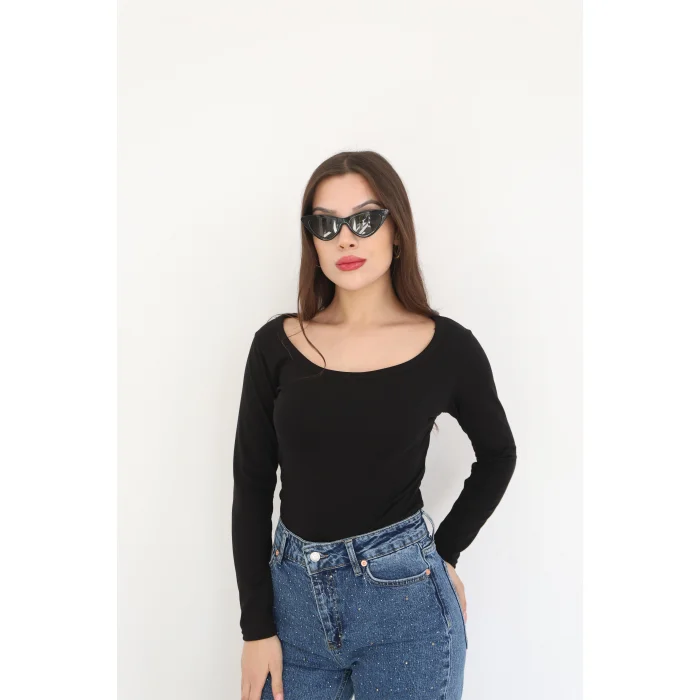 KARE YAKA UZUN KOLLU BLUZ - SİYAH