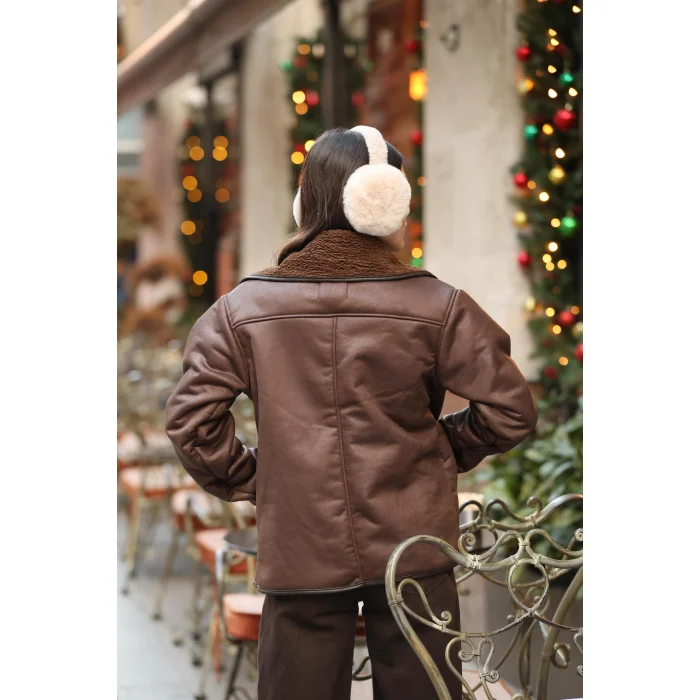Kadın Kürk Yaka Detaylı Suni Deri Ceket-KAHVE