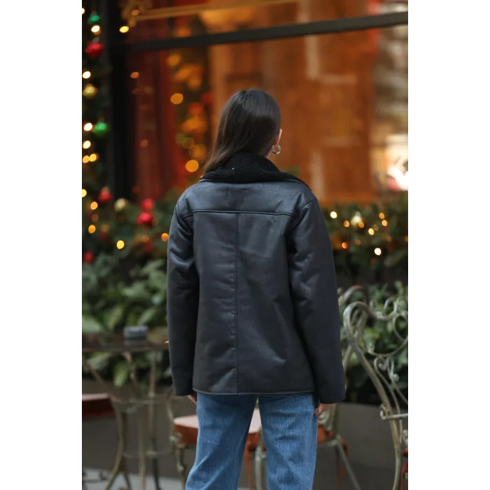 Kadın Kürk Yaka Detaylı Suni Deri Ceket-SİYAH