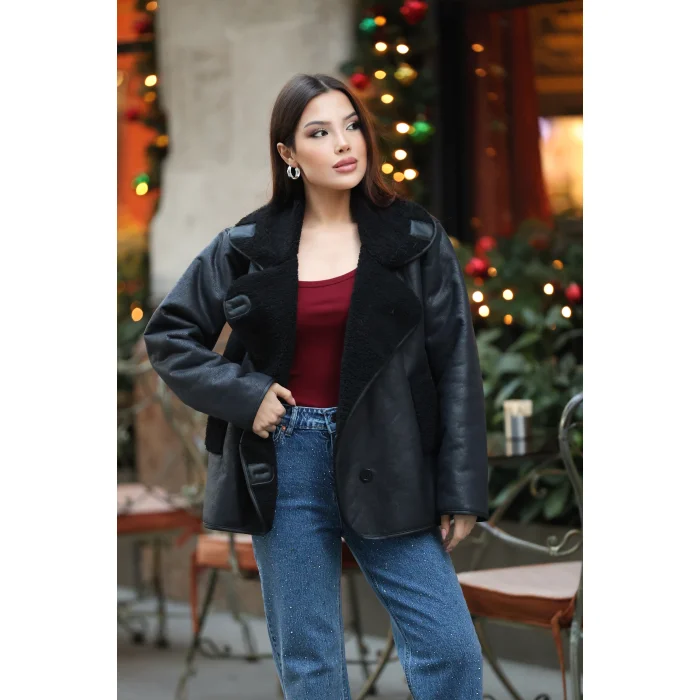 Kadın Kürk Yaka Detaylı Suni Deri Ceket-SİYAH