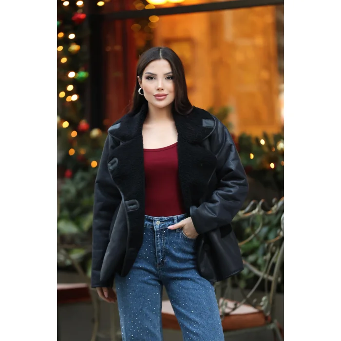 Kadın Kürk Yaka Detaylı Suni Deri Ceket-SİYAH