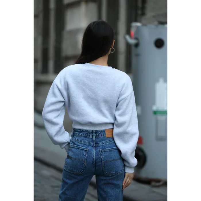 Kadın Üç İplik Şardonlu Oversize Crop Sweatshirt