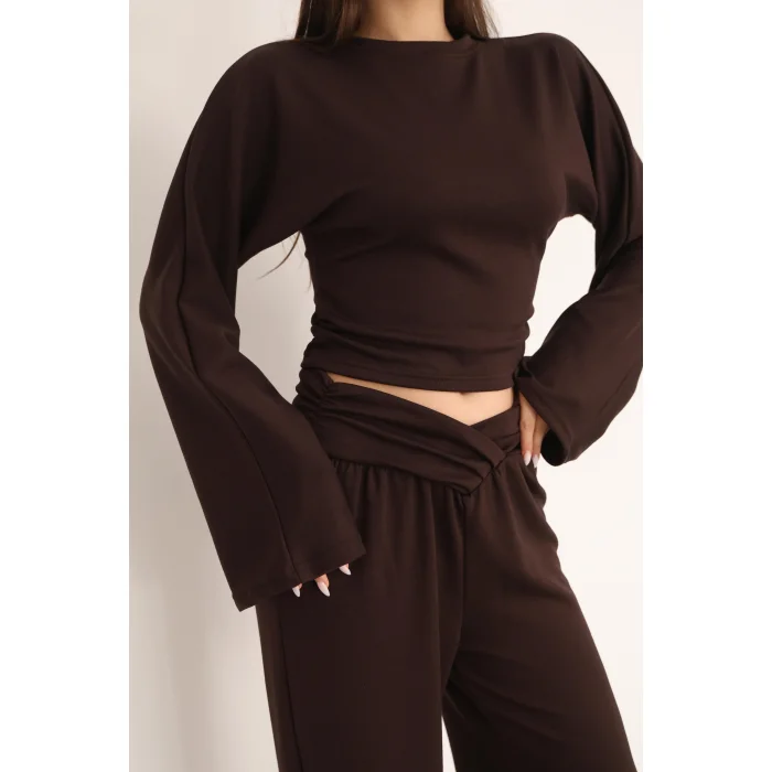 KRUVAZE BEL DETAYLI PALAZZO PANTLON CROP TAKIM- KAHVE RENGİ