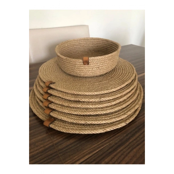 Jütburada 7 Adet Amerikan Servis Örme Jüt Tabak ve Ekmeklik Supla Lüx Sunum Seti