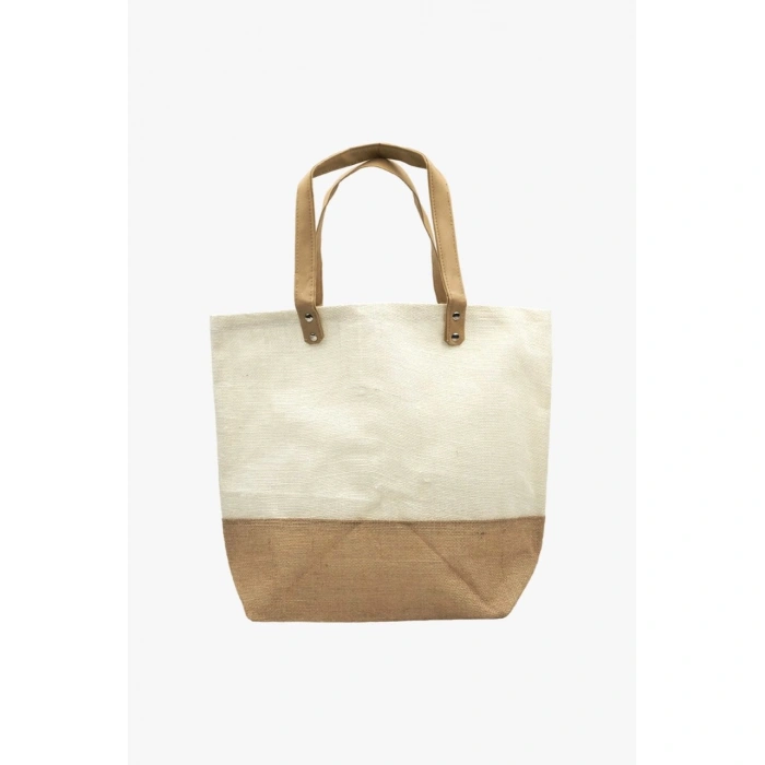 Jütburada Doğal Beyaz Renk Jüt Çanta (Hasır Çanta, Plaj Çantası, Alışveriş Çantası)