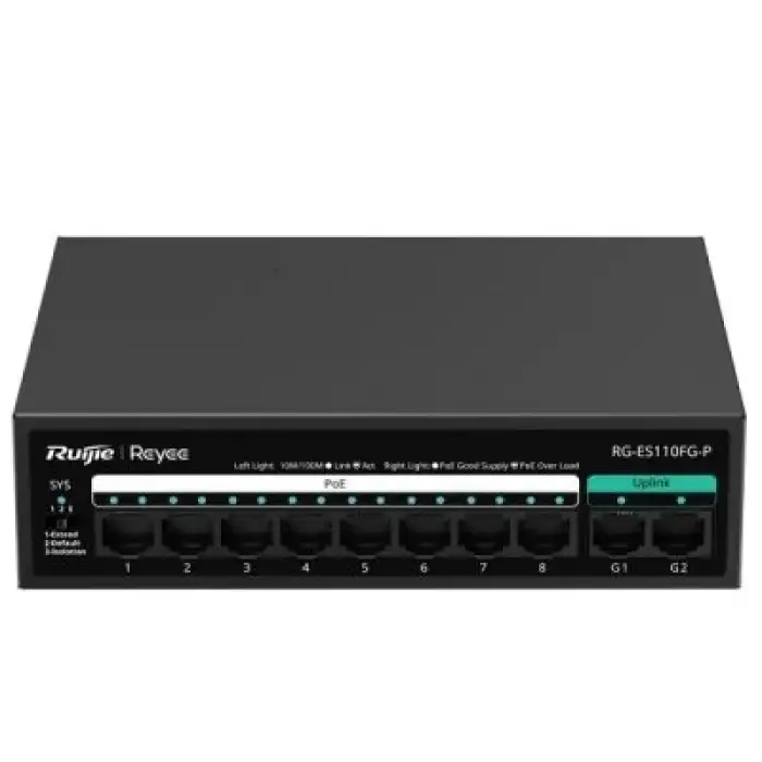 Reyee RG-ES110FG-P 10 Portlu, 10/100 Fast Ethernet, Tak Çalıştır Switch, 2 Gigabit Uplink, 8 Port PoE+ (110W)