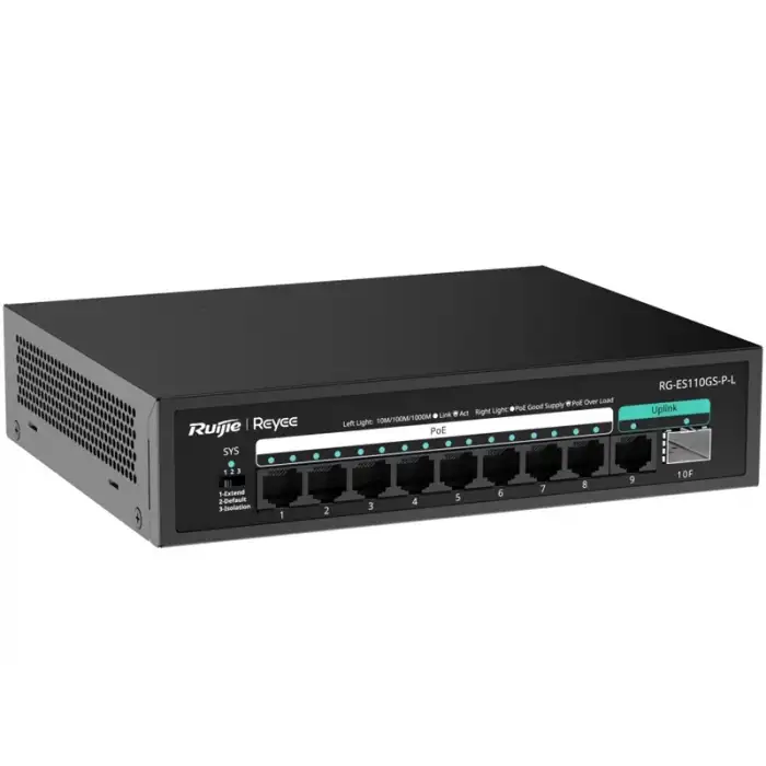 Reyee RG-ES110GS-P-L 10 Portlu, 10/100/1000 Gigabit, Tak Çalıştır Switch, 1 SFP, 1 Gigabit RJ45 Uplink, 8 Port PoE+ (120W)
