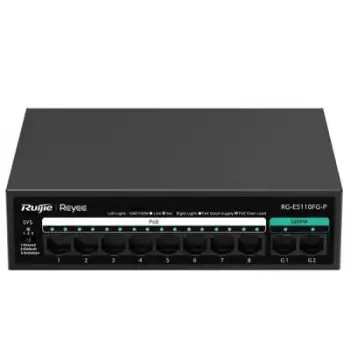Reyee RG-ES110FG-P 10 Portlu, 10/100 Fast Ethernet, Tak Çalıştır Switch, 2 Gigabit Uplink, 8 Port PoE+ (110W)