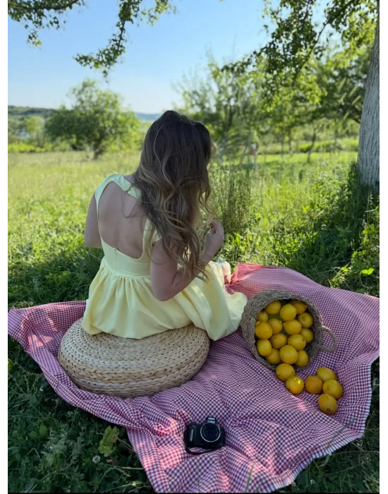 Belden Oturtmalı Sırt Detaylı Midi Boy Elbise Sarı