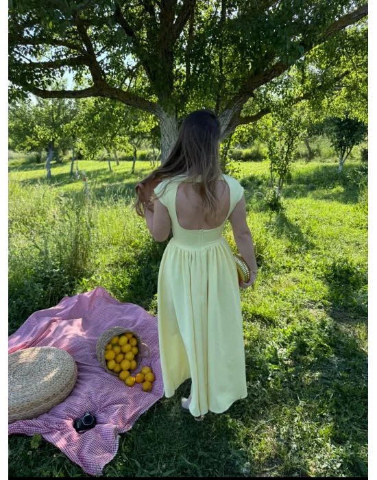 Belden Oturtmalı Sırt Detaylı Midi Boy Elbise Sarı