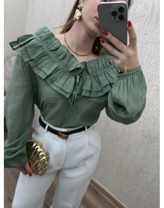 Fırfır Detaylı Gömlek Haki