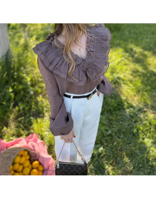 Fırfır Detaylı Gömlek Kahve