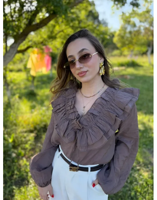 Fırfır Detaylı Gömlek Kahve