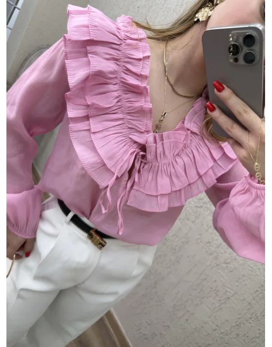 Fırfır Detaylı Gömlek Pembe