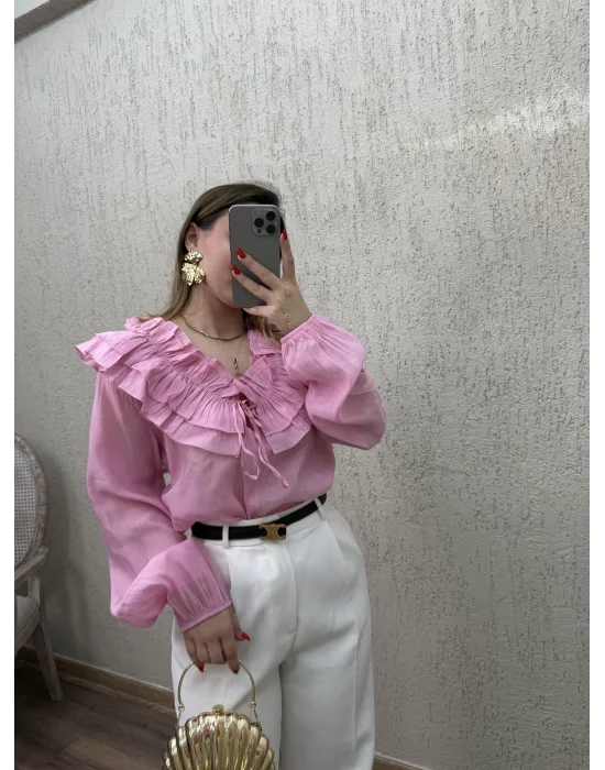 Fırfır Detaylı Gömlek Pembe