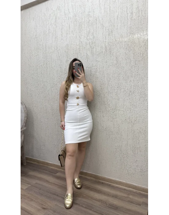 Gold Detaylı Elbise Beyaz