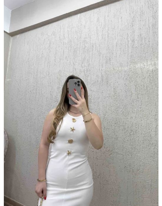 Gold Detaylı Elbise Beyaz