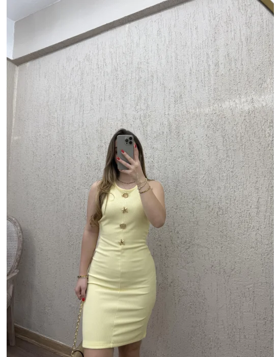 Gold Detaylı Elbise Sarı