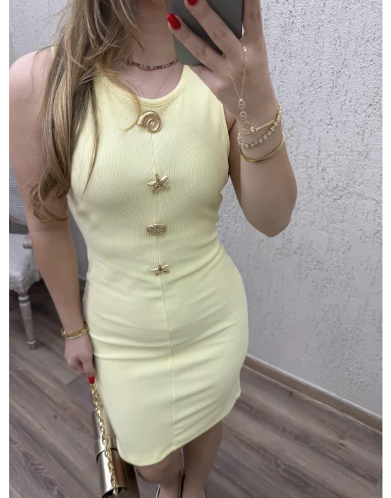 Gold Detaylı Elbise Sarı