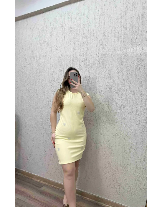 Gümüş taş Detaylı Elbise Sarı