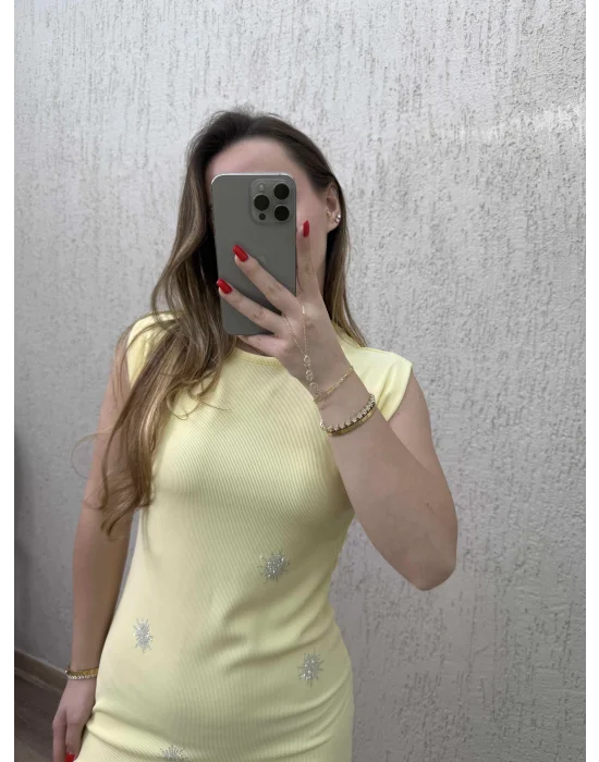 Gümüş taş Detaylı Elbise Sarı